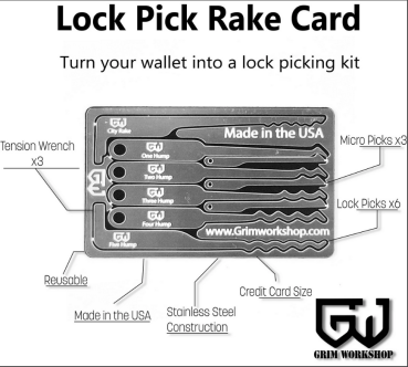 GRIM WORKSHOP®: Lock Pick Rake Card  Urban Survival Credit Card Lock Rake Pick Set